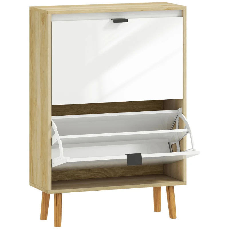 HOMCOM Sapateira Estreita com 2 Portas em Branco Brilhante e Estantes Ajustáveis Pés de Madeira para 12 Pares de Sapatos 60x24x91 cm