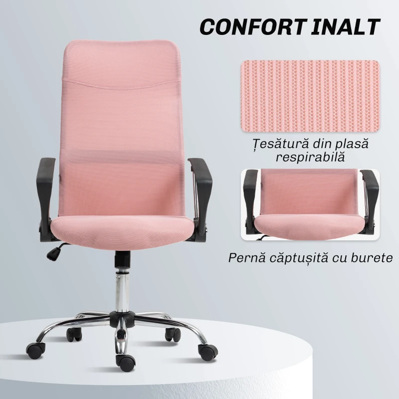 Scaun Ergonomic de Birou HOMCOM Pivotant, Înălțime Ajustabilă și Spătar din Material Textil, 63x65x109-119 cm, Roz