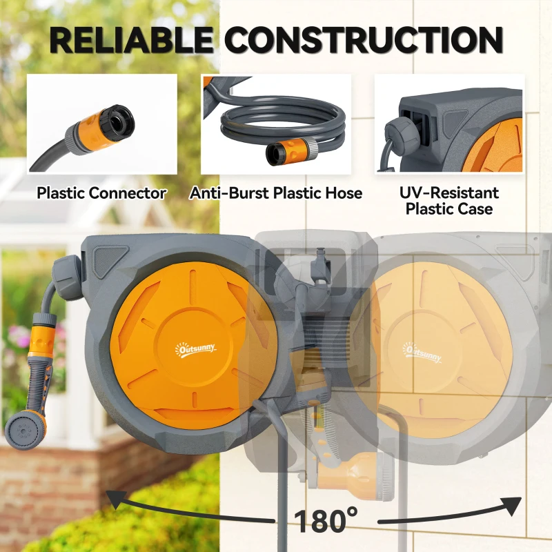 Outsunny Retractable Hose Reel Wall Mounted, 30+2m Garden Hose Pipe Reel with Lock, Auto Rewind, 7 in 1 Spray Nozzle, Includes Wall Fixings, 180° Swivel, Outdoor Watering, 59 x 23 x 42 cm, Orange
