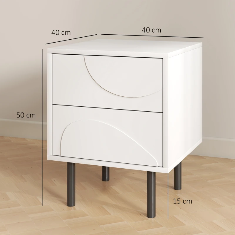 HOMCOM Table de chevet étroite, table d'appoint avec 2 tiroirs à ouverture par pression, pieds en acier, 40 x 40 x 50 cm, blanc