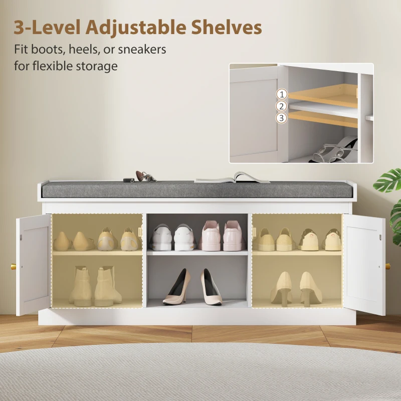 HOMCOM Boho Shoe Storage Bench with Padded Cushion and Rattan Doors - White