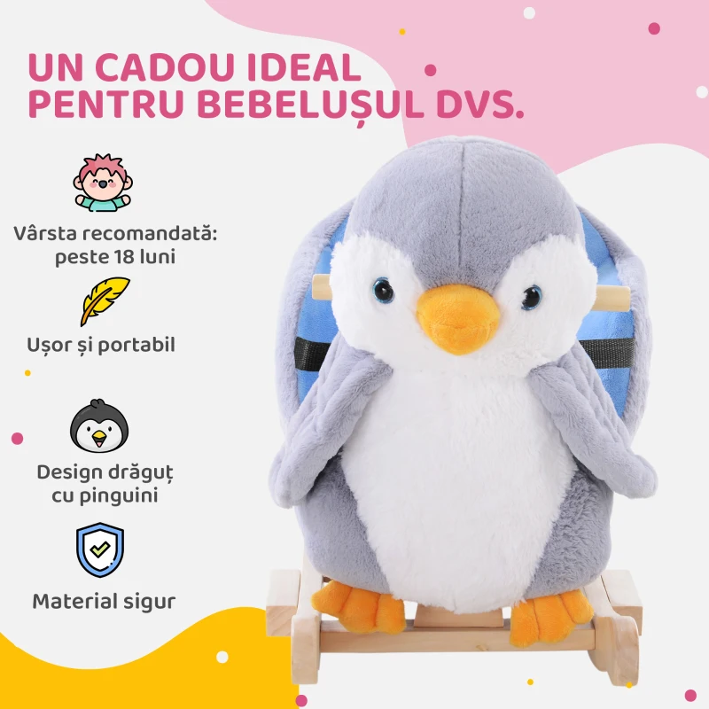 HOMCOM Balansoar Pinguin din Pluș cu Melodii și Centură de Siguranță, Balansoar pentru Copii, 60x33x50 cm, Gri