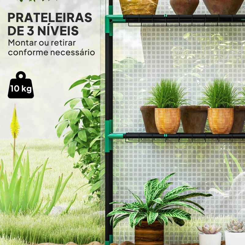 Outsunny Estufa de Jardim Pequena de 3 Níveis com 6 Prateleiras Porta Enrolável e Capa de PE 143x74x190 cm Branco
