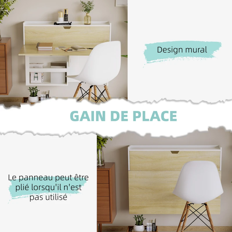 HOMCOM Bureau pliable mural avec étagères de rangement et placard, bureau rabattable, 100 x 18 x 74 cm effet bois naturel(m-4)