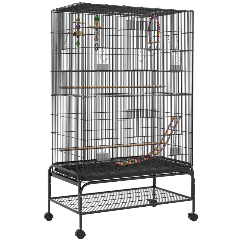 PawHut Gaiola para Pássaros com Rodas Comedouros Poleiros Prateleira Inferior Bandeja Removível 97x58x160 cm Preto