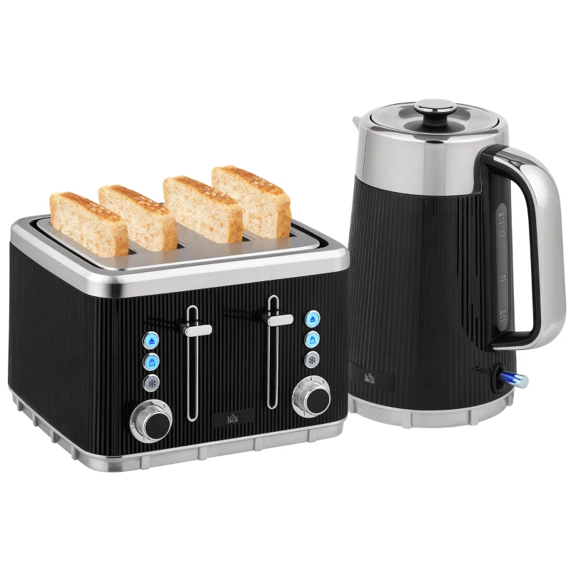 HOMCOM Electric Stainless Steel Kettle and Toaster Set, 3000W 1.7L UK Strix Thermostat Fast Boil Kettle w/ Limescale Filter, Cool Touch Body, 4 Slice Toaster with 7 Browning Levels, Crumb Tray, Black
