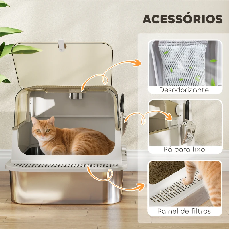 PawHut Caixa de Areia para Gatos em Aço Inoxidável para Gatos Grandes com Tampa Basculante Laterais Altas 70x50x46,5 cm Cinzento