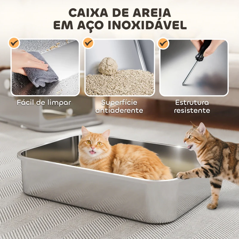 PawHut Caixa de Areia para Gatos em Aço Inoxidável para Gatos Grandes com Tampa Basculante Laterais Altas 70x50x46,5 cm Cinzento