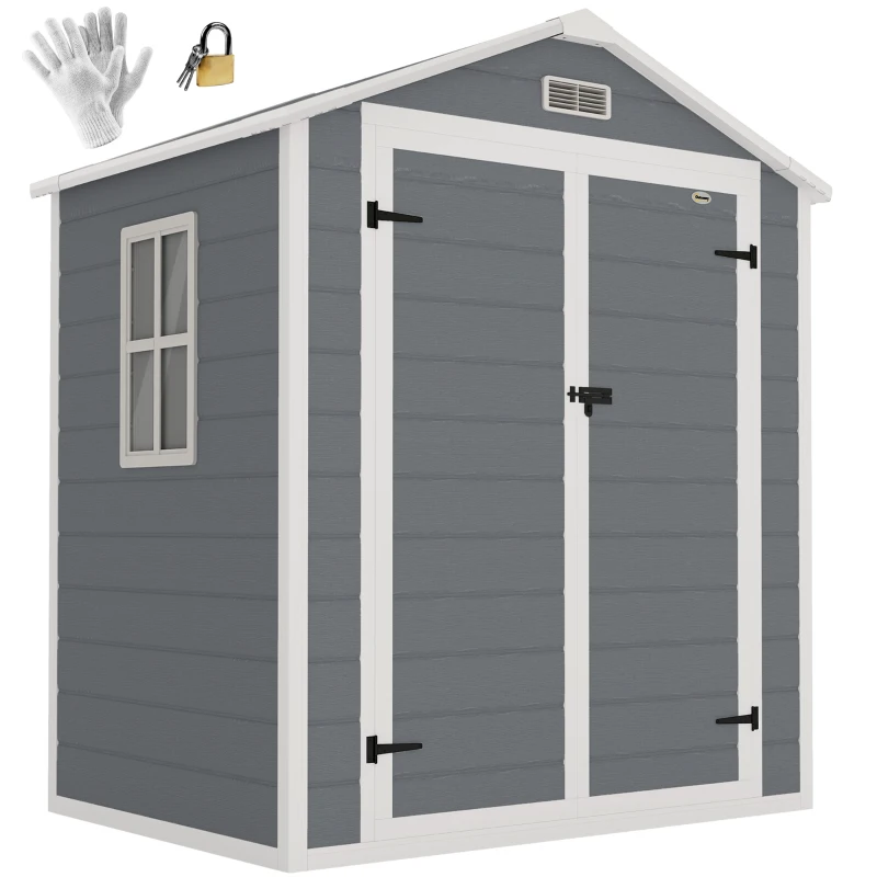 Outsunny 6'x4.5' Garden Storage Shed, Lockable Garden Shed with Double Doors, Window, Vent and Plastic Roof, Grey