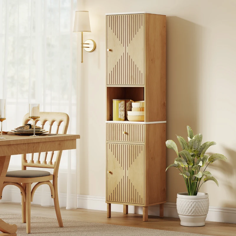 HOMCOM Columna de Baño con Cajón, 2 Armarios y Estantes Ajustables, Estante Efecto Mármol, 41.5x30x168 cm, Roble