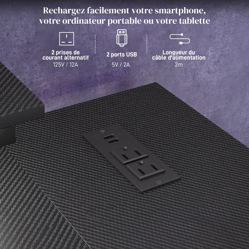 HOMCOM Bureau d'angle réversible, bureau d'ordinateur avec LED, 2 prises et 2 ports USB et panier réglable, 107x80x90cm, noir