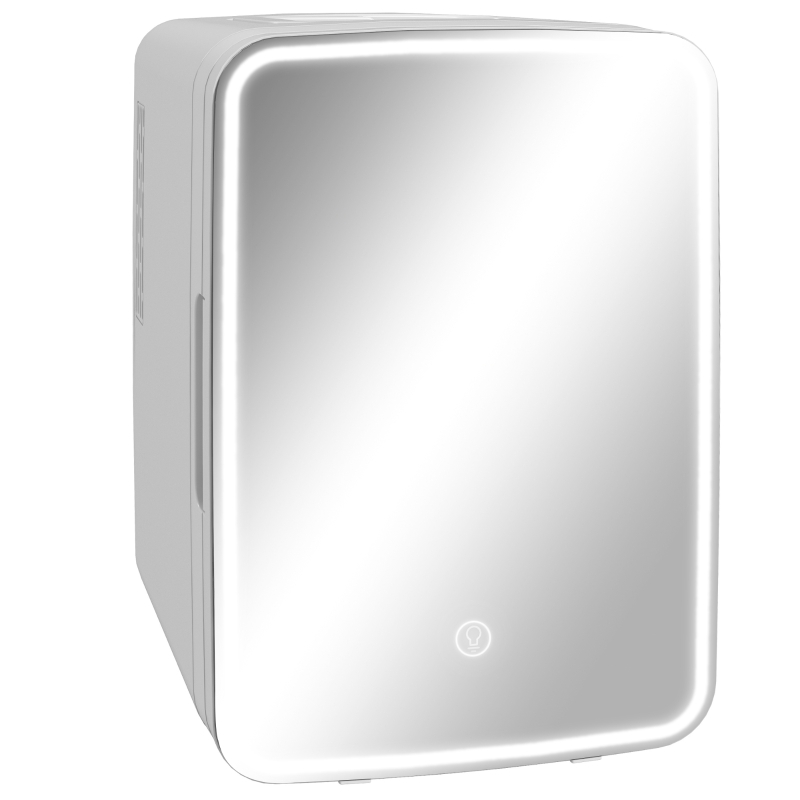 HOMCOM Mini Frigorífico para Cosméticos 10L 12V/240V para Arrefecer e Aquecer com Espelho de Luzes LED  23,5x28x34 cm Branco