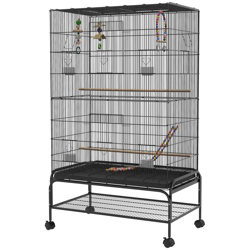 PawHut Gaiola para Pássaros com Rodas Comedouros Poleiros Prateleira Inferior Bandeja Removível 97x58x160 cm Preto