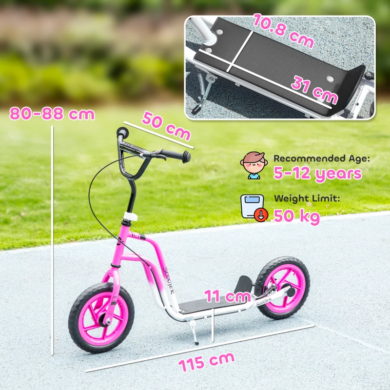 AIYAPLAY Monopattino per Bambini con Manubrio Regolabile, Grandi Ruote, Supporto per Parcheggio, Freno a Mano, per Bambini dai 5 ai 12 Anni, Rosa