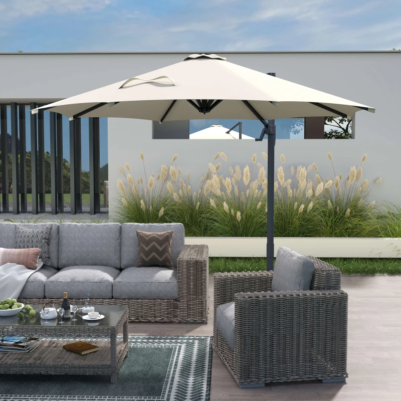 Outsunny Round Umbrella Parasol W/ Tilt 360° Rotation and Hand Crank Cross Base-Beige