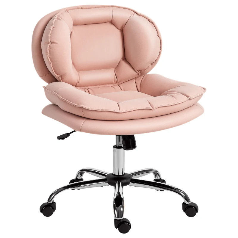 HOMCOM Silla de Oficina Piernas Cruzadas con Asiento Ancho Ruedas Altura Ajustable Doble Acolchado Función Basculante Rosa