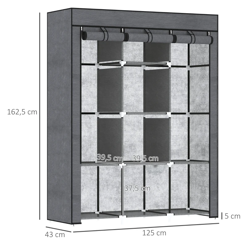 HOMCOM Roupeiro de Tecido Dobrável com 8 Prateleiras de Armazenamento e 2 Barras de Pendurar 125x43x162,5 cm Cinzento