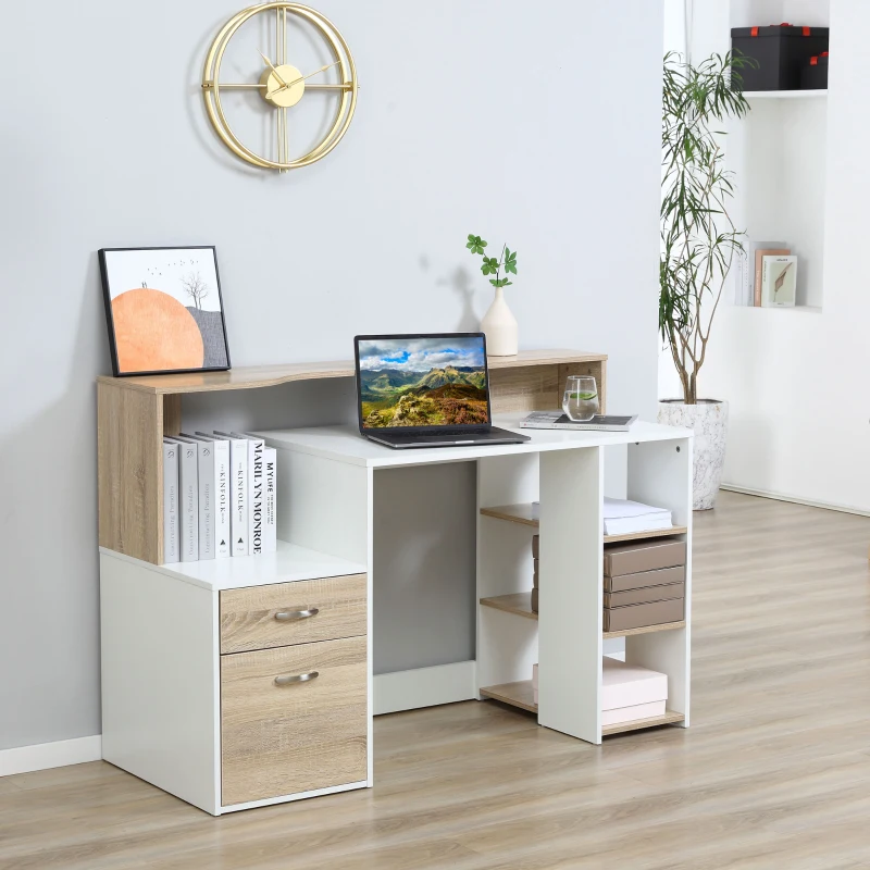 HOMCOM Bureau informatique avec 2 tiroirs, bureau avec rangement, 137 x 55 x 92 cm, étagères ouvertes et tablette d'imprimante, style moderne, table d'ordinateur pour chambre, studio, chêne