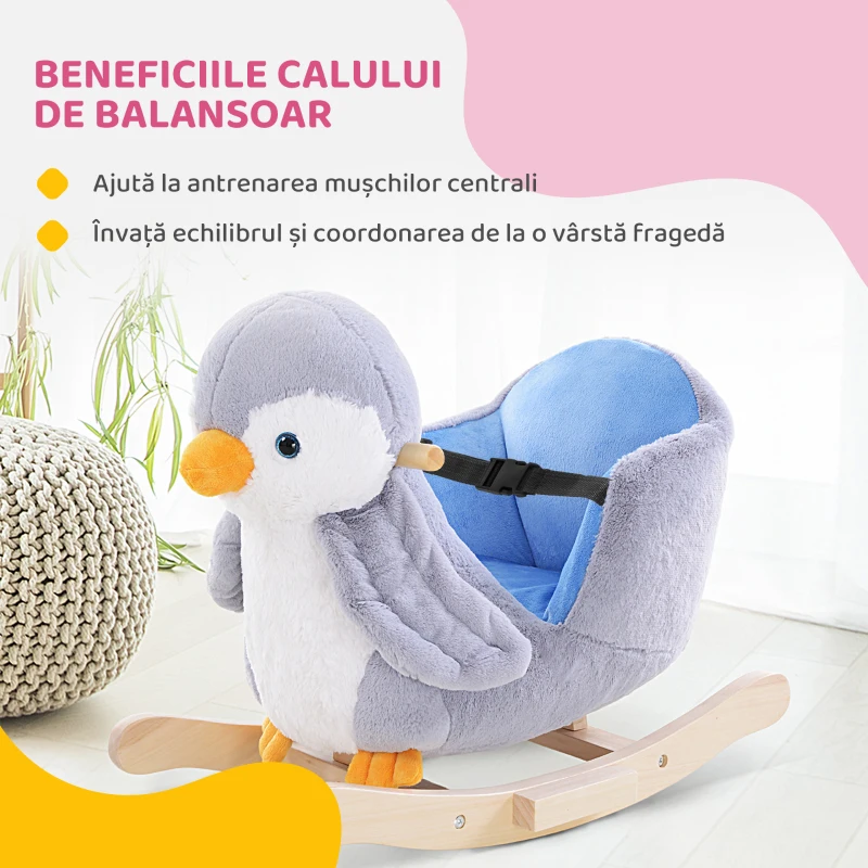 HOMCOM Balansoar Pinguin din Pluș cu Melodii și Centură de Siguranță, Balansoar pentru Copii, 60x33x50 cm, Gri