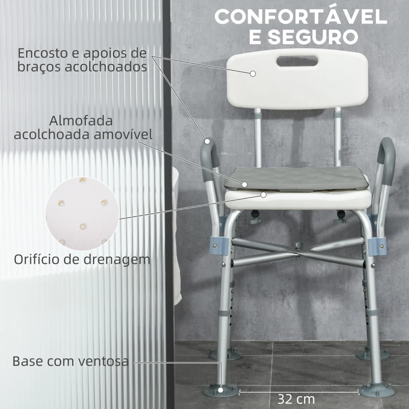 HOMCOM Cadeira de Duche para Idosos com Encosto Apoios de Braço Altura Ajustável Almofada Acolchoada Removível  53,5x52x80-90 cm Branco
