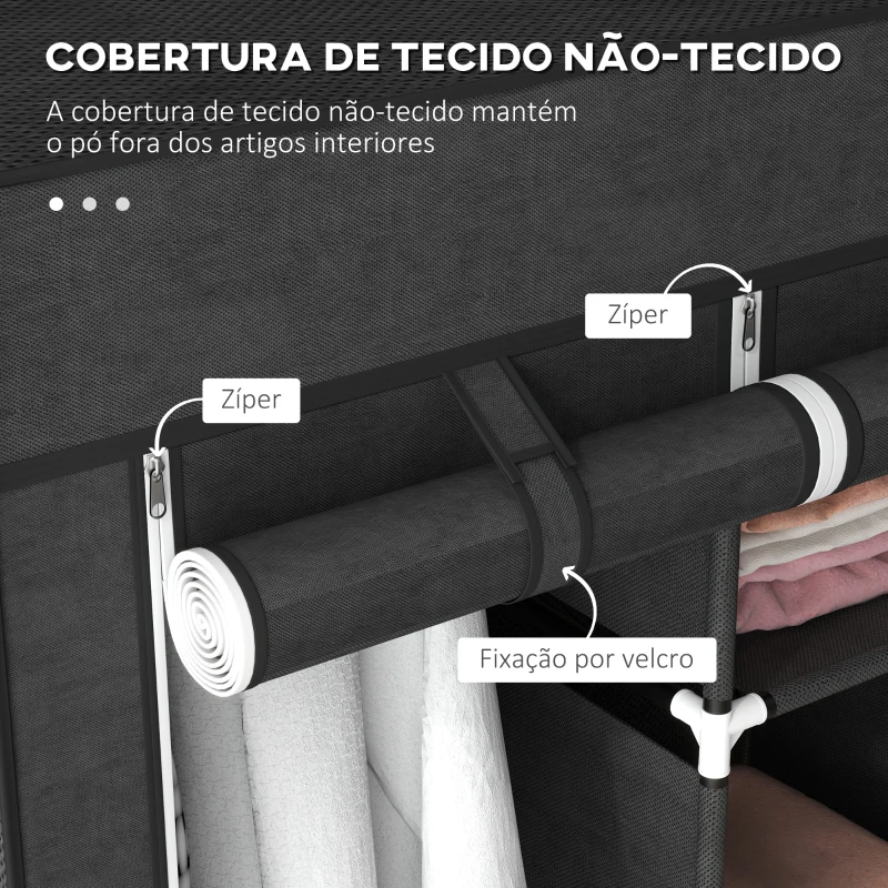 HOMCOM Roupeiro de Tecido Dobrável com 8 Prateleiras de Armazenamento e 2 Barras de Pendurar 125x43x162,5 cm Preto