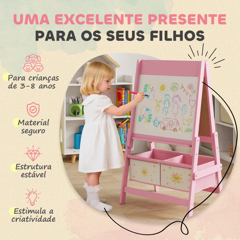 AIYAPLAY Cavalete de Pintura para Crianças 3 em 1 para Crianças acima de 3 Anos com Rolo de Papel e Cestos de Arrumação 54x46x94 cm Rosa
