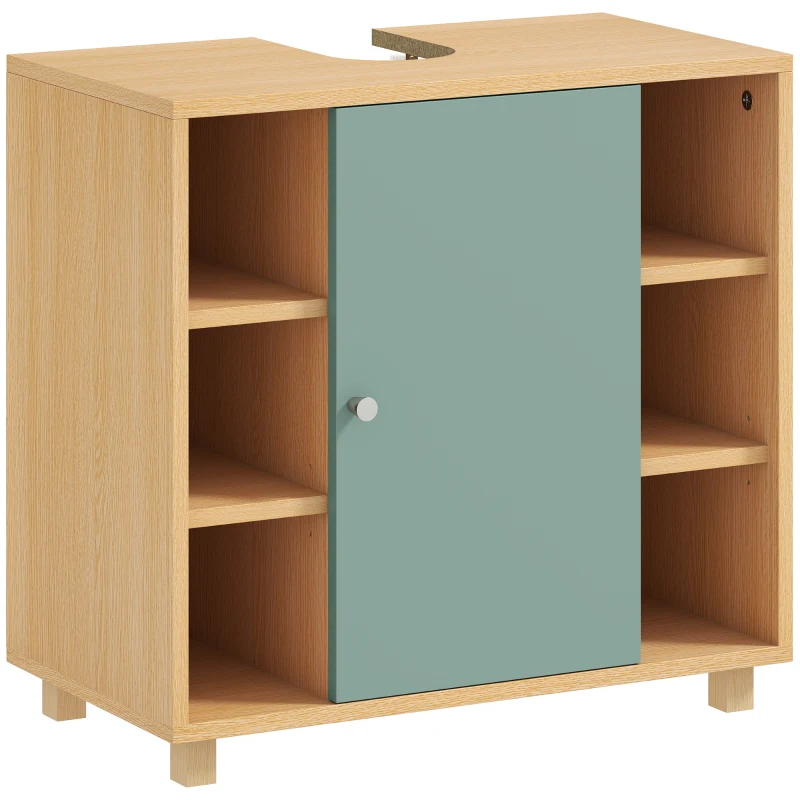 HOMCOM Mueble bajo lavabo, mueble de baño con 6 estantes abiertos y puerta de cierre suave 60 x 33 x 57 cm, verde