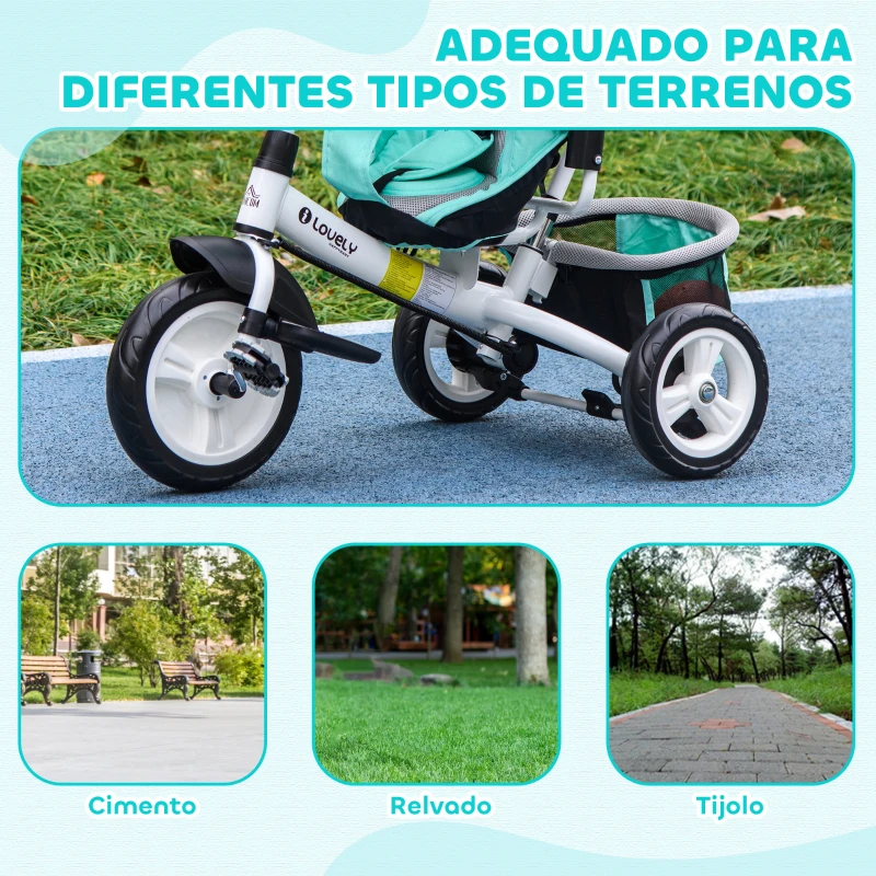 HOMCOM Triciclo para Bebés 2 em 1 de +12 Meses com Capota Dobrável Guiador Telescópico e Removível Bolsa e Porta-Garrafas Verde Água
