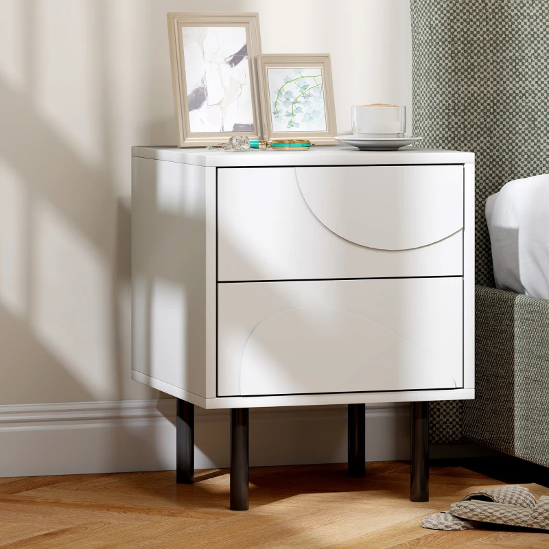 HOMCOM Mesa de noche estrecha, mesa auxiliar con 2 cajones de apertura mediante presión, patas de acero, 40 x 40 x 50 cm, blanco