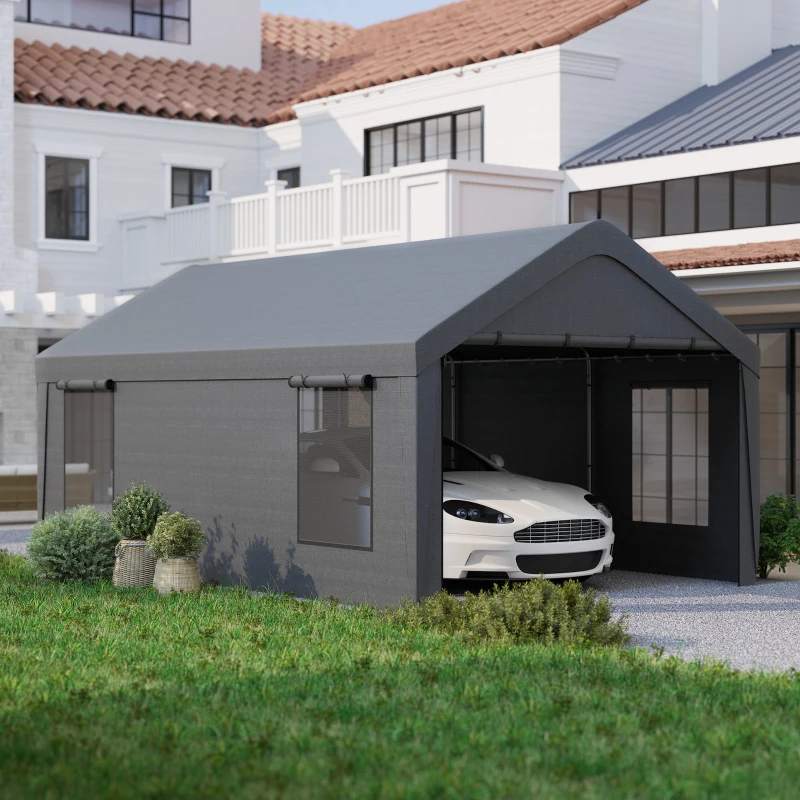 Outsunny Tenda Garagem Tenda para Carro 6x3,6 m Impermeável com Tecido PE Resistente Estrutura de Aço Paredes Removíveis Cinzento Escuro