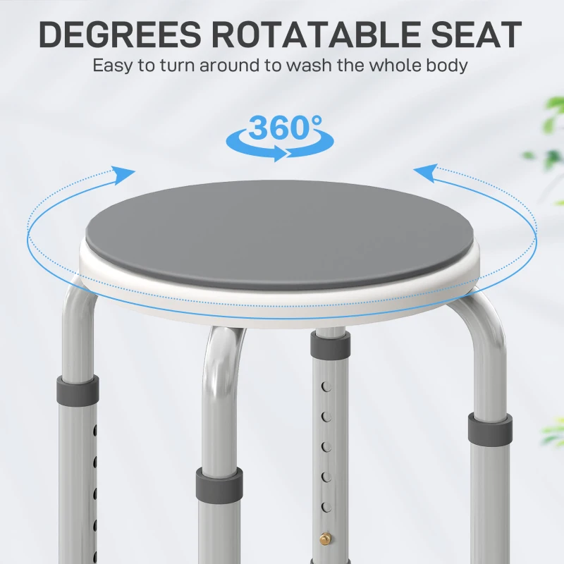 HOMCOM 360° Swivel Shower Chair, Height Adjustable Aluminium Shower Stool with Non-Slip Feet for Disabled, Elderly, Grey