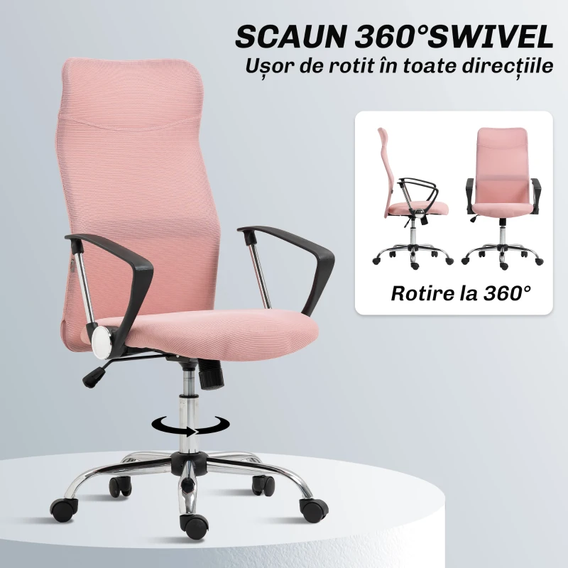 Scaun Ergonomic de Birou HOMCOM Pivotant, Înălțime Ajustabilă și Spătar din Material Textil, 63x65x109-119 cm, Roz