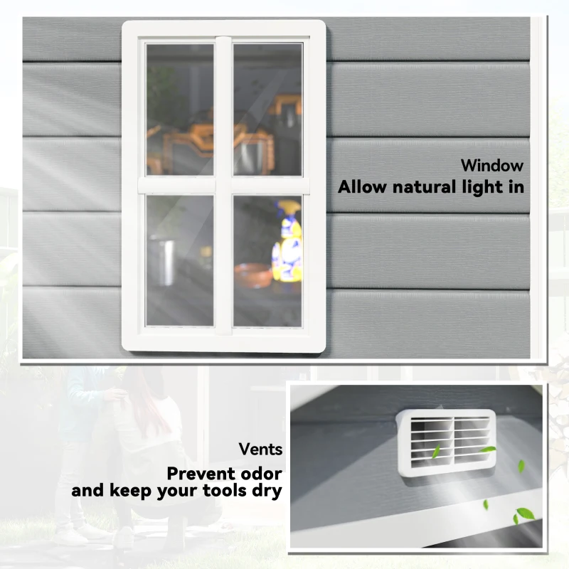 Outsunny 6'x4.5' Garden Storage Shed, Lockable Garden Shed with Double Doors, Window, Vent and Plastic Roof, Grey