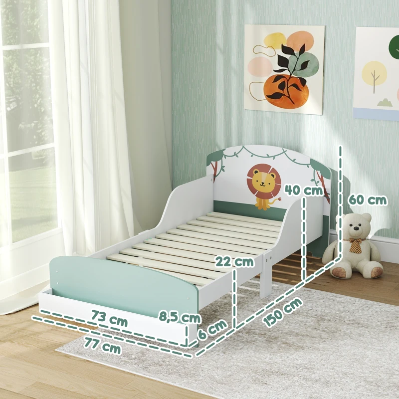 AIYAPLAY Cama Infantil para Crianças +3 Anos 70x140 cm em Madeira com Armazenamento e Desenho de Leão para Quarto Verde