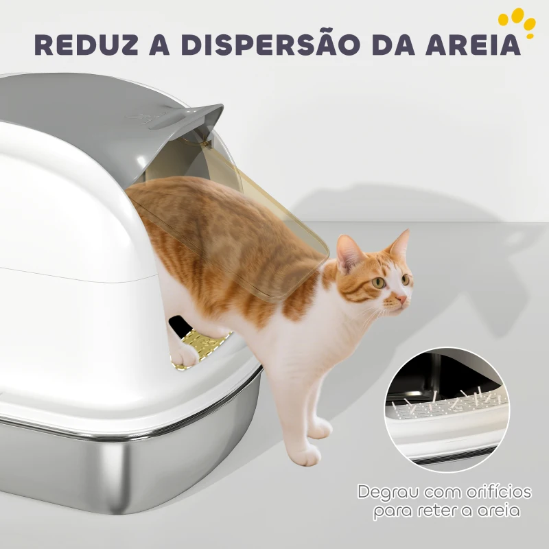 PawHut Caixa de Areia para Gatos em Aço Inoxidável XL com Tampa Abatível Laterais Altas Entrada Superior e Pá 52,4x41,3x42 cm Branco