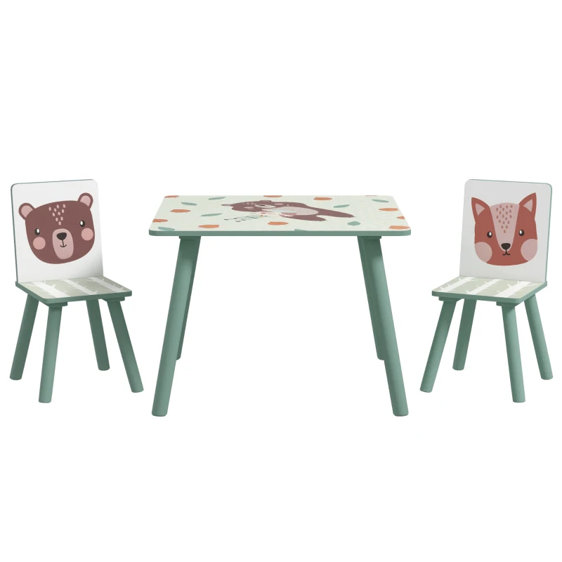 ZONEKIZ Set Tavolo e Sedie 3 Pezzi per Bambini 3-8 Anni in MDF e Legno di Pino, Verde
