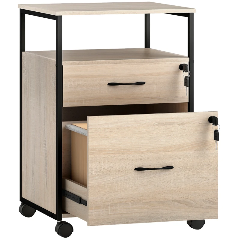 Vinsetto Bloco de Gavetas com Fechadura Rodas 2 Gavetas Barra Suspensa para Papéis A4 e Carta e 2 Chaves 44x40x66,5 cm Madeira