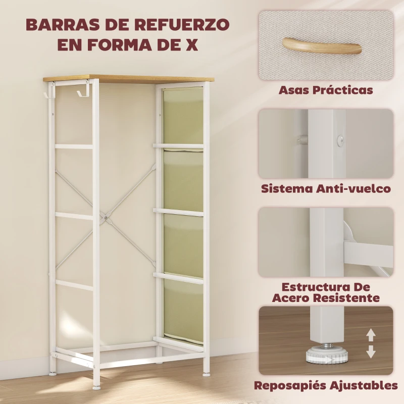 HOMCOM Cajonera de Tela Cómoda con 4 Cajones 4 Bolsillos Laterales 2 Ganchos y Estructura de Acero Beige