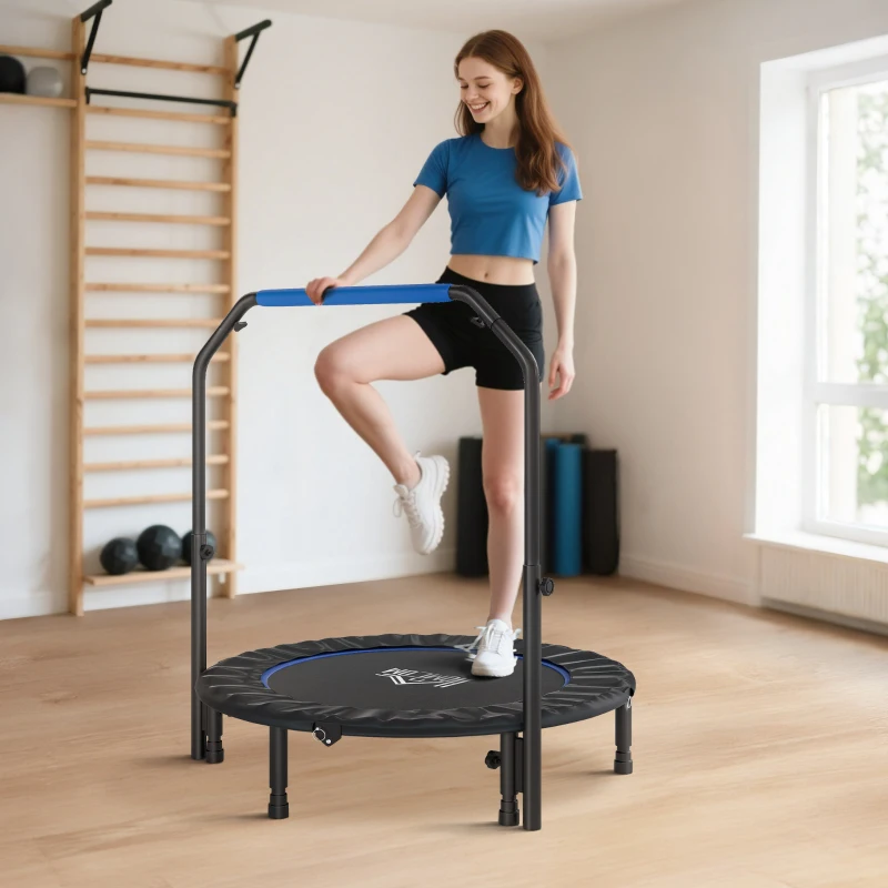 HOMCOM Cama Elástica Plegable Ø114 cm con Mango Ajustable Marco de Acero para Entrenamiento Piernas Cuerpo Azul y Negro