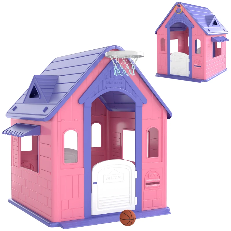 AIYAPLAY Casita Infantil Exterior e Interior 3 en 1 con Lanzamiento de Aros Baloncesto para Niños de 2-5 Años Rosa y Morado