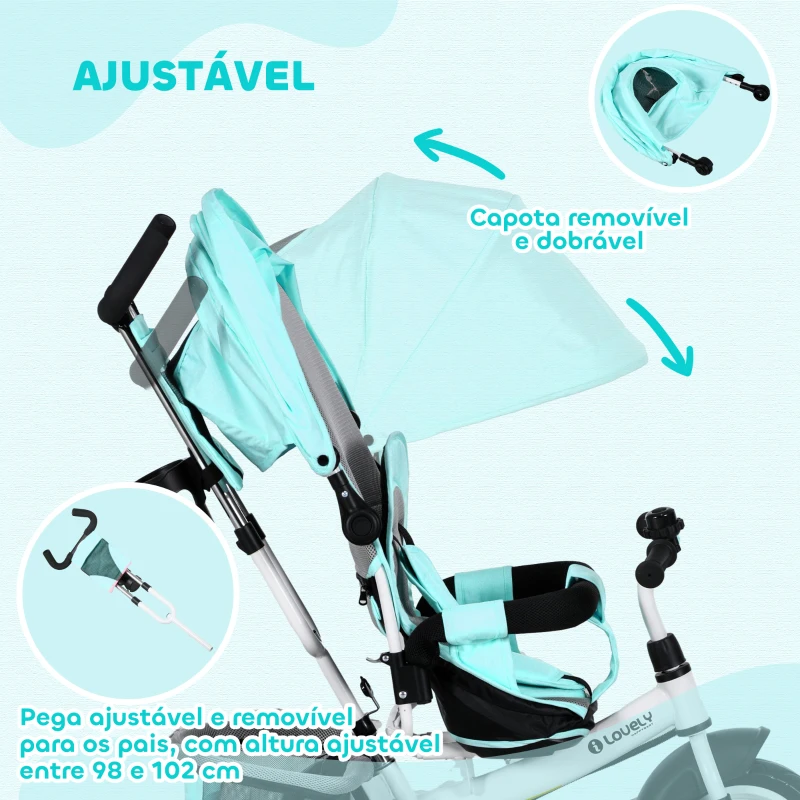 HOMCOM Triciclo para Bebés 2 em 1 de +12 Meses com Capota Dobrável Guiador Telescópico e Removível Bolsa e Porta-Garrafas Verde Água