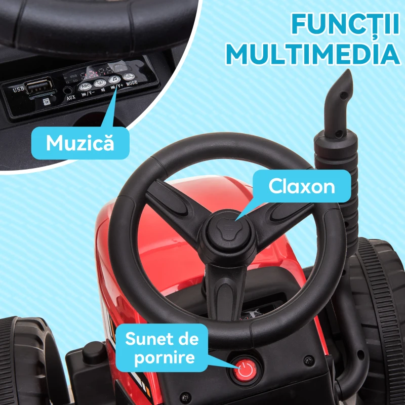 HOMCOM Tractor Electric Copii – 12 V cu Remorca, Muzica & Telecomanda(m-6)