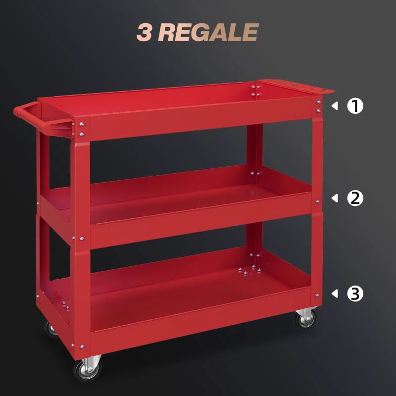 DURHAND 3-niveaus gereedschapswagen, 4 wielen, Staal, 83B x 35,3D x 76H cm, Rood