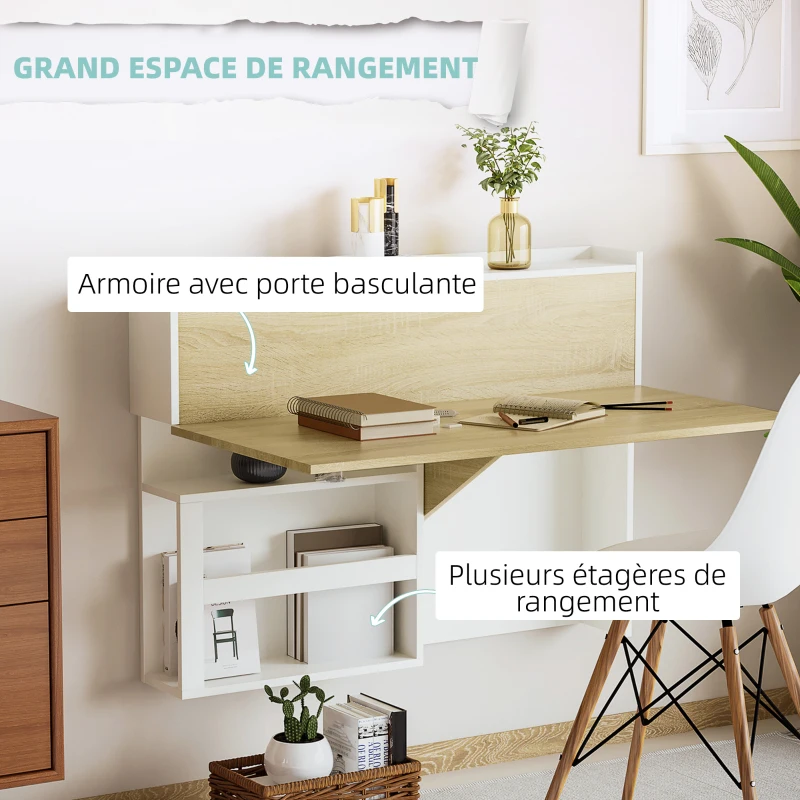 HOMCOM Bureau pliable mural avec étagères de rangement et placard, bureau rabattable, 100 x 18 x 74 cm effet bois naturel(m-5)