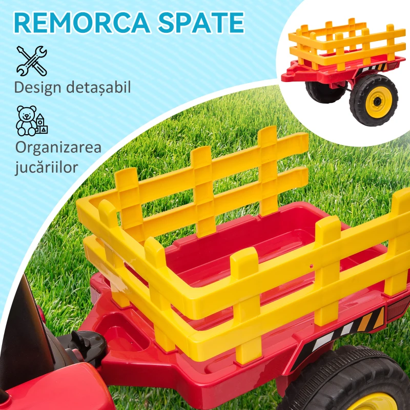 HOMCOM Tractor Electric Copii – 12 V cu Remorca, Muzica & Telecomanda(m-4)
