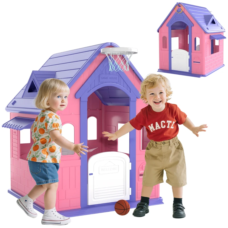 AIYAPLAY Casa de Jogos para Criaanças com Lançamento de Aros e Cesta de Basquetebol 132x118x124 cm Rosa e Roxo