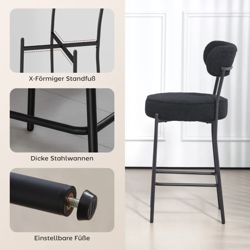 HOMCOM 2-delige Barstoelen met Gestoffeerde Zitting en Voetensteun, Fleece Bekleding, Metalen Frame, Zwart