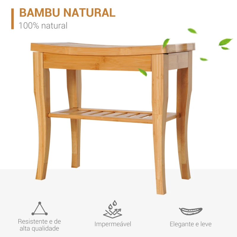 HOMCOM Banco para Casa de Banho de Bambu com Prateleira de Arrumação Antiderrapante Impermeável e Resistente 47,5x26x44,5 cm Madeira