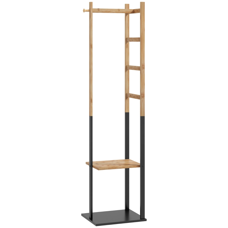 HOMCOM Cabide de Pé de Bambu com 2 Prateleiras 2 Ganchos 5 Barras e Estrutura de Aço 46x28,5x153,5 cm Madeira e Preto