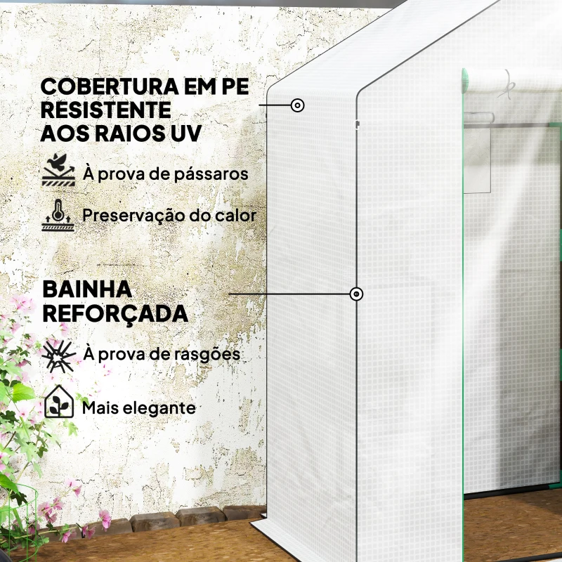 Outsunny Estufa de Jardim Pequena de 3 Níveis com 6 Prateleiras Porta Enrolável e Capa de PE 143x74x190 cm Branco